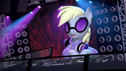 Size: 3840x2160 | Tagged: safe, artist:owlpirate, derpy hooves, pegasus, pony, g4, 3d, 4k, clothes, disc jockey, female, headphones, headphones around neck, high res, hoodie, indoors, mare, open mouth, open smile, smiling, solo, source filmmaker, sunglasses, turntable