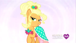 Size: 1280x720 | Tagged: safe, screencap, applejack, earth pony, pony, g4, my little pony: friendship is magic, simple ways, applejack is best facemaker, applejewel, female, hub logo, logo, mare, raised hoof, solo, the hub