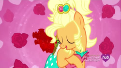 Size: 1280x720 | Tagged: safe, screencap, applejack, earth pony, pony, g4, my little pony: friendship is magic, simple ways, applejewel, cute, female, flower, hub logo, jackabetes, logo, mare, rose, solo, the hub