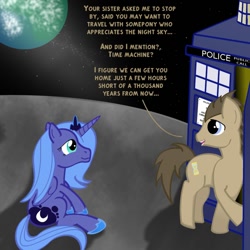 Size: 1000x1000 | Tagged: safe, artist:invidlord, doctor whooves, princess luna, time turner, alicorn, earth pony, pony, g4, doctor who, duo, female, horn, male, mare, moon, s1 luna, space, stallion, tardis