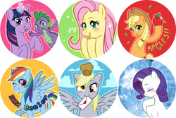 Size: 818x545 | Tagged: artist needed, safe, applejack, derpy hooves, fluttershy, rainbow dash, rarity, spike, twilight sparkle, dragon, earth pony, pegasus, unicorn, g4, apple, applejack's hat, buttons, cowboy hat, food, hat, horn, letter, muffin