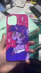 Size: 1152x2048 | Tagged: safe, artist:crasysam0, twilight sparkle, pony, unicorn, g4, clothes, female, horn, looking at you, mare, open mouth, open smile, phone case, photo, shirt, smiling, solo, traditional art