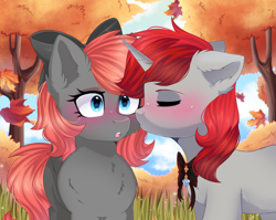 Size: 2047x1626 | Tagged: safe, artist:arllistar, oc, oc only, oc:darknightprincess, oc:magicalboyzenny, pegasus, pony, unicorn, autumn, blue eyes, blushing, bow, boyfriend, boyfriend and girlfriend, cheek kiss, couple, cute, duo, duo male and female, eyes closed, female, girlfriend, grass, hair bow, horn, kissing, leaves, male, outdoors, red mane, tree