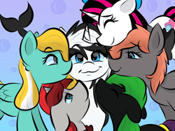 Size: 2000x1499 | Tagged: safe, oc, oc only, oc:animelodie, oc:darknightprincess, oc:magicalboyzenny, oc:rubiowolf, oc:shouka, orca, orca pony, original species, pegasus, pony, unicorn, best friends, bisexual, blue eyes, boyfriend and girlfriend, four girls, girlfriend, group, horn, multicolored hair, nuzzling, polyamory, red mane