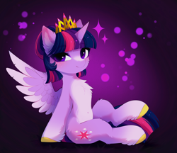 Size: 4384x3785 | Tagged: safe, alternate character, alternate version, artist:empress-twilight, twilight sparkle, alicorn, pony, g4, my little pony: friendship is magic, absurd resolution, alternate design, alternate hairstyle, alternate universe, bangs, belly, belly button, cheek fluff, chest fluff, coat markings, colored belly, colored ear fluff, colored hooves, colored wings, colored wingtips, commission, crown, cute, ear fluff, eye clipping through hair, eyebrows, eyebrows visible through hair, eyelashes, facial markings, feathered wings, female, fetlock tuft, freckles, gradient background, hair bun, hock fluff, hooves, horn, jewelry, leg fluff, looking back, mare, new dawn of harmony, pale belly, purple coat, purple eyes, purple wingtips, raised leg, regalia, shiny mane, shiny tail, short hair twilight sparkle, short mane, sitting, slender, smiling, snip (coat marking), solo, sparkles, spread wings, thin, three quarter view, three toned mane, three toned tail, tied mane, twiabetes, twilight sparkle (alicorn), two toned wings, wall of tags, wings, ych result, yellow hooves