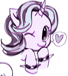 Size: 1280x1431 | Tagged: safe, artist:bonedustz, starlight glimmer, pony, unicorn, g4, bust, curved horn, edgelight glimmer, eyelashes, female, horn, limited palette, mare, one eye closed, pink coat, simple background, smiling, solo, speech bubble, spiked wristband, spoken heart, three quarter view, two toned mane, unicorn horn, white background, wink, wristband