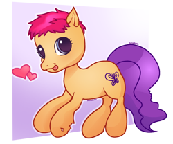 Size: 1280x1065 | Tagged: safe, artist:bonedustz, scootaloo (g3), earth pony, pony, g3, alternate hairstyle, alternate mane color, alternate tail color, colored pupils, cute, eyelashes, female, filly, floating heart, foal, g3 cutealoo, gradient pupils, heart, leg scar, long tail, orange coat, outline, partially transparent background, passepartout, pink mane, purple eyes, purple pupils, purple tail, scar, short mane, signature, smiling, solo, tail, tongue out, toy interpretation