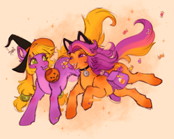 Size: 2048x1638 | Tagged: safe, artist:madisockz, abra-ca-dabra, pumpkin tart, earth pony, pony, g3, alternate design, alternate hairstyle, alternate mane color, alternate tail color, bag, bell, bell collar, blonde tail, candy, cat ears, clothes, collar, colored belly, colored pinnae, colored pupils, colored sketch, costume, countershading, duo, duo female, eyelashes, fake ears, fangs, female, food, gradient background, gradient legs, green eyes, green pupils, hair tie, halloween, halloween 2024, halloween costume, hat, heart, heart eyes, heart mark, holiday, looking at each other, looking at someone, mare, open mouth, open smile, orange coat, pale belly, pigtails, purple coat, purple eyes, purple mane, purple pupils, running, saddle bag, sketch, smiling, smiling at each other, tail, three quarter view, three toned mane, three toned tail, tied mane, wingding eyes, witch hat