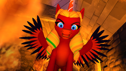 Size: 3413x1920 | Tagged: safe, artist:westrail642fan, opaline arcana, alicorn, pony, g5, spoiler:g5, 3d, female, fire, horn, indoors, looking at you, mare, open mouth, solo, source filmmaker, spread wings, wings