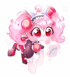 Size: 1868x2048 | Tagged: safe, artist:madisockz, oc, oc only, oc:pinterest-chan, pony, unicorn, ahoge, blowing bubblegum, blush lines, blushing, bubblegum, cat ears, cellphone, chibi, clothes, collar, colored eyebrows, colored pupils, eyebrows, eyebrows visible through hair, eyelashes, eyeshadow, fake ears, female, female oc, food, frilly skirt, glowing, glowing horn, gum, hair accessory, heart, heart eyes, horn, logo, looking at something, looking down, magic, maid, maid headdress, makeup, mane accessory, mare, mare oc, phone, pigtails, pink coat, pink eyeshadow, pink magic, pink mane, pinterest, ponified, ponified oc, red eyes, red pupils, red skirt, shiny eyes, shiny mane, signature, skirt, smartphone, socks, solo, sparkles, sparkly eyes, standing on two hooves, stars, striped socks, three quarter view, tied mane, unicorn horn, unicorn oc, wingding eyes