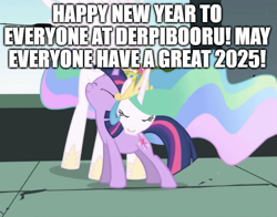 Size: 637x500 | Tagged: safe, edit, edited screencap, screencap, princess celestia, twilight sparkle, alicorn, pony, unicorn, friendship is magic, g4, my little pony: friendship is magic, 2025, cropped, duo, duo female, female, happy new year, happy new year 2025, holiday, horn, mare, new year, unicorn twilight