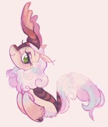 Size: 1006x1182 | Tagged: safe, artist:onionpwder, oc, oc only, oc:acre trail, kirin, antlers, brown eyeshadow, brown hooves, colored antlers, colored hooves, cream coat, eyelashes, green eyes, hooves, kirin oc, leg fluff, lidded eyes, long tail, looking at you, profile, smiling, smiling at you, solo, tail, unshorn fetlocks, white coat, white mane, white tail