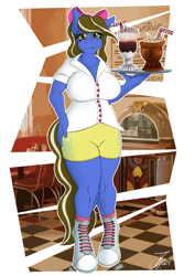 Size: 1237x1750 | Tagged: safe, artist:jamescorck, oc, oc:sundae shake, earth pony, anthro, digitigrade anthro, bow, clothes, drink, hair bow, indoors, milkshake, shirt, shorts, solo