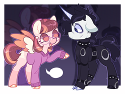 Size: 2433x1831 | Tagged: safe, artist:moccabliss, pegasus, pony, unicorn, clothes, edward scissorhands, glasses, horn, passepartout, peg boggs, ponified, sweater