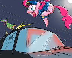 Size: 1299x1045 | Tagged: artist needed, safe, color edit, edit, gummy, pinkie pie, alligator, earth pony, g4, broken glass, car, chase, colored, drawthread, duo, fleeing, gunshot, open mouth, police pony, requested art