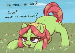 Size: 2100x1500 | Tagged: safe, artist:t72b, tree hugger, earth pony, pony, g4, ass up, bandana, boobs? wanna touch boobs?, cute, face down ass up, female, grass, lidded eyes, mare, meme, open mouth, outdoors, smiling, solo, talking to viewer, touch grass