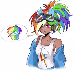 Size: 2280x2280 | Tagged: safe, artist:pulse, kotobukiya, rainbow dash, human, g4, :d, bare shoulders, clothes, collarbone, cute, cutie mark on clothes, dashabetes, eared humanization, eye clipping through hair, female, goggles, goggles on head, hair over one eye, humanized, jacket, kotobukiya rainbow dash, off shoulder, open mouth, open smile, ponytail, simple background, smiling, solo, speech bubble, tan skin, tank top, thin, white background