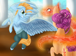 Size: 2048x1506 | Tagged: safe, artist:strawberry-heartrose, sable spirit, oc, oc:harmony star, alicorn, pony, unicorn, g4, alicorn oc, clothes, dragon spirit, female, fire, glowing horn, horn, magic, male, mare, pants, spirit, stallion, wings, young, young sable spirit, younger