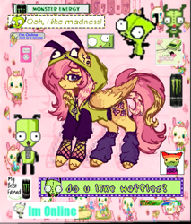 Size: 685x805 | Tagged: safe, artist:junniepiepoopop, fluttershy, pegasus, pony, robot, antonymph, cutiemarks (and the things that bind us), vylet pony, g4, abstract background, alternate hairstyle, alternate mane color, alternate tail color, alternate tailstyle, bracelet, brown hooves, brown wingtips, clothes, collage, colored eartips, colored hooves, colored wings, colored wingtips, coontails, drink, dyed mane, dyed tail, ear piercing, earring, energy drink, eye markings, facial markings, fishnet clothing, fluttgirshy, folded wings, gauges, gir, heart earring, hoodie, hooves, invader zim, jewelry, kandi, leg warmers, lidded eyes, looking back, lyrics in the description, mixed media, monster energy, piercing, pink mane, pink tail, profile, requested art, shiny hooves, smiling, solo, splotches, standing, tail, teal eyes, two toned ears, two toned wings, wing markings, wings