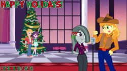 Size: 2064x1163 | Tagged: safe, artist:eclipsepenumbra, artist:gmaplay, artist:ironm17, big macintosh, braeburn, marble pie, sugar belle, human, equestria girls, g4, 2024, ballroom, christmas, christmas tree, december, duet, female, flower, flower in hair, happy holidays, hearth's warming, holiday, indoors, kiss mark, lipstick, looking at each other, looking at someone, lyrics in the description, male, microphone, mistletoe, ship:braeble, ship:sugarmac, shipping, singing, smiling, smiling at each other, song in the description, straight, tree, winter, winter wonderland, youtube link in the description