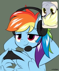 Size: 1067x1280 | Tagged: safe, artist:nutellaenjoyer, derpy hooves, rainbow dash, pegasus, pony, g4, controller, duo, duo female, female, gamer dash, green background, headset, hooves behind head, lidded eyes, simple background, smiling, upside down, video call, wing hands, wings