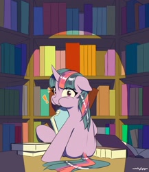 Size: 2427x2800 | Tagged: safe, artist:nutellaenjoyer, twilight sparkle, pony, unicorn, g4, aweeg*, bibliovore, book, bookhorse, bookshelf, caught, cheek bulge, chewing, cute, eating, emanata, exclamation point, female, floppy ears, horn, indoors, library, looking at you, looking back, looking back at you, mare, pica, puffy cheeks, shiny mane, sitting, solo, spine, that pony sure does love books, unicorn twilight