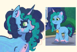 Size: 354x238 | Tagged: safe, artist:junniepiepoopop, misty brightdawn, pony, unicorn, dragon dad, g5, my little pony: tell your tale, alternate design, blaze (coat marking), blue coat, blue eyelashes, blush scribble, blushing, coat markings, colored eyelashes, colored pinnae, colored sketch, curly mane, facial markings, female, freckles, green eyes, horn, jewelry, looking back, mare, necklace, profile, reference used, screencap reference, simple background, sketch, smiling, solo, tongue out, two toned horn, two toned mane, unicorn horn, white background