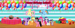 Size: 2608x1000 | Tagged: safe, artist:lizzmcclin, applejack, fluttershy, pinkie pie, rainbow dash, rarity, spike, twilight sparkle, oc, oc:aaliyah, alicorn, dragon, earth pony, pegasus, pony, g4, alicorn oc, balloon, birthday cake, cake, female, food, happy birthday, horn, male, mane six, mare, present, twilight sparkle (alicorn), wings