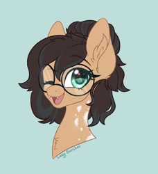 Size: 1831x2006 | Tagged: safe, artist:_ladybanshee_, oc, oc only, oc:nixie tube, bat pony, earth pony, hybrid, wingless bat pony, bat pony oc, bust, chest fluff, ear fluff, eyebrows, eyebrows visible through hair, fangs, female, glasses, one eye closed, simple background, smiling, solo, wingless, wink