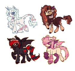 Size: 814x771 | Tagged: oc name needed, safe, artist:junniepiepoopop, oc, oc only, oc:cole (poniesinmyhead), oc:nzuri, oc:pillow lace, bat pony, pony, unicorn, zebra, bald face, ballet slippers, base used, bat pony oc, black and red mane, black and red tail, black coat, blank flank, blaze (coat marking), blood, bloody mouth, blue eyelashes, blue eyes, blue hooves, blue mane, blue tail, bow, brown coat, brown eyeshadow, brown hooves, brown mane, brown tail, butt fluff, chest fluff, choker, clothes, coat markings, colored eyelashes, colored hooves, colored pinnae, colored wings, coontails, curly mane, curly tail, dog ears, ear piercing, ear tufts, earring, emo, facial markings, fangs, female, female oc, feminine stallion, fetlock tuft, frown, girly, glasses, gradient ears, gradient legs, gradient mane, gradient tail, gradient wings, group, heart, heart mark, hooped earrings, hooves, horn, jewelry, lace choker, leg fluff, leg stripes, leg warmers, leonine tail, light blue mane, light blue tail, long mane, long mane male, long tail, looking back, male, male oc, mare, mare oc, mismatched hooves, multicolored hooves, narrowed eyes, neck rings, no pupils, piercing, pigtails, pink bow, pink coat, pink eyes, pink mane, pink tail, pubic fluff, purple eyelashes, purple hooves, quartet, raised hoof, raised leg, red and black oc, red eyelashes, red eyes, requested art, short mane, simple background, smiling, spiked choker, spread wings, stallion, stallion oc, standing on two hooves, striped leg warmers, stripes, tail, tail accessory, tail bow, tail fluff, tail markings, three quarter view, three toned wings, tiara, tied mane, two toned mane, unicorn oc, white background, white coat, wings, yellow eyes, zebra oc