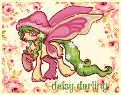 Size: 820x641 | Tagged: safe, artist:junniepiepoopop, oc, oc only, oc:daisy darling, butterfly, butterfly pony, fairy, fairy pony, hybrid, original species, pony, adoptable, bangs, blushing, butt fluff, butterfly wings, chest fluff, colored hooves, colored wings, concave belly, cream coat, daisy (flower), eye clipping through hair, eyelashes, female, female oc, flower, flower in hair, flower in tail, green mane, green tail, green text, hat, hock fluff, hoof fluff, hooves, long mane, long tail, looking at you, mare, mushroom hat, pink eyelashes, pink eyes, pink hooves, pink wings, shiny hooves, smiling, smiling at you, standing, standing on three hooves, tail, two toned wings, unshorn fetlocks, wings, yellow coat