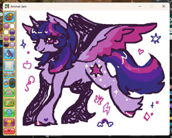 Size: 660x530 | Tagged: safe, artist:junniepiepoopop, twilight sparkle, alicorn, pony, g4, animal jam, art program in frame, bangs, cascading cutie mark, colored hooves, colored wings, colored wingtips, ear fluff, eye clipping through hair, eyelashes, female, fetlock tuft, heart, heart mark, hooves, horn, mare, profile, purple eyes, purple hooves, purple wingtips, raised leg, shiny hooves, shiny mane, shiny tail, smiling, sparkles, spread wings, standing, standing on three hooves, stars, straight mane, straight tail, three toned mane, three toned tail, three toned wings, twilight sparkle (alicorn), unicorn horn, wings