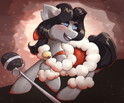 Size: 2400x2000 | Tagged: safe, artist:princess_rari, oc, oc only, oc:sinnie, earth pony, equestria at war mod, bell, blue eyes, blushing, bow, christmas, clothes, crossdressing, dress, gray fur, hair bow, holiday, male, microphone, open mouth, smiling, solo