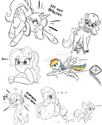 Size: 1040x1280 | Tagged: safe, artist:bamboodog, apple bloom, applejack, lyra heartstrings, pinkie pie, princess luna, rainbow dash, alicorn, earth pony, pegasus, unicorn, g4, applejack's hat, bipedal, boombox, cloud, cowboy hat, cupcake, female, females only, food, hat, hay bale, horn, kite, playing card, sketch