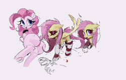 Size: 988x630 | Tagged: safe, anonymous artist, fluttershy, pinkie pie, earth pony, pegasus, pony, g4, balloonbutt, butt, clothes, dock, duo, eyes closed, fangs, female, fish bone, mare, open mouth, plot, socks, striped socks, tail, underhoof