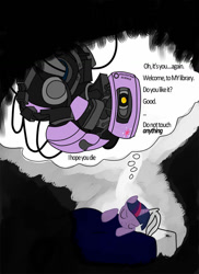 Size: 850x1169 | Tagged: artist needed, safe, twilight sparkle, unicorn, g4, crossover, dream, glados, horn, portal (valve)