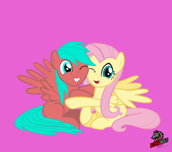 Size: 8582x7600 | Tagged: safe, artist:alphawolf2003, fluttershy, oc, oc:lovewing, g4, my little pony: friendship is magic, cuddling, female, hug, mare, my little pony, shy, simple background