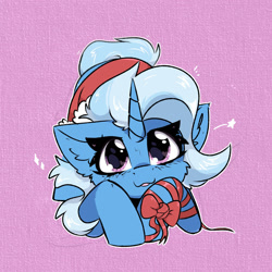 Size: 2000x2000 | Tagged: safe, artist:jubyskylines, trixie, pony, unicorn, series:12 days of trixmas, g4, :3, :p, christmas, cute, diatrixes, female, hat, holiday, horn, looking at you, mare, pink background, santa hat, simple background, solo, tongue out