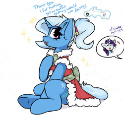 Size: 2000x2000 | Tagged: safe, artist:jubyskylines, rarity, trixie, pony, unicorn, series:12 days of trixmas, g4, christmas dress, christmas outfit, duo, duo female, female, horn, mare, ponytail, simple background, sitting, smiling, solo focus, speech bubble, white background