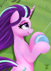 Size: 1401x1929 | Tagged: safe, artist:darksly, starlight glimmer, pony, unicorn, g4, breasts, commission, female, horn, kite, kite flying, kite string, lidded eyes, lying down, mare, on side, sideboob, smiling, solo, that pony sure does love kites, windswept mane