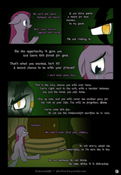 Size: 3238x4671 | Tagged: safe, artist:underwoodart, pinkie pie, oc, oc:z'ian, pony, zebra, ask pink-pony, g4, alternate universe, comic, crying, detailed background, dialogue, golden eyes, high res, manipulation, pinkamena diane pie, sitting, zebra oc, zecora's hut