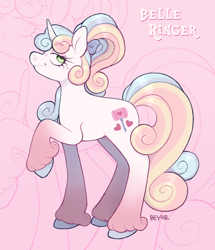 Size: 1242x1443 | Tagged: safe, artist:beyhr, oc, oc only, oc:belle ringer, pony, unicorn, blue bow, blue hooves, bow, coat markings, colored hooves, curly mane, curly tail, eyelashes, eyeshadow, female, female oc, freckles, gradient legs, green eyes, hair accessory, hair bow, hooves, horn, lidded eyes, long mane, long tail, looking up, makeup, mane accessory, mare, mare oc, multicolored mane, multicolored tail, name, pink eyeshadow, ponytail, profile, raised hoof, reference sheet, shiny mane, shiny tail, signature, smiling, smirk, socks (coat markings), solo, standing, standing on three hooves, tail, tied mane, unicorn horn, unicorn oc, unshorn fetlocks, white coat, white text, zoom layer