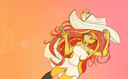 Size: 3000x1860 | Tagged: safe, artist:willowcatkin, sunset shimmer, equestria girls, g4, bare shoulders, breasts, candle, cowboy hat, hat, solo, white dress