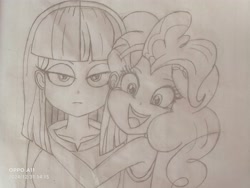 Size: 4000x3000 | Tagged: safe, artist:siduyi, maud pie, pinkie pie, human, equestria girls, g4, duo, female, grayscale, happy, hug, looking at you, monochrome, pencil drawing, pie sisters, siblings, sisters, smiling, smiling at you, traditional art