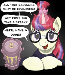 Size: 2520x2909 | Tagged: safe, artist:eels, moondancer, pony, unicorn, g4, can, dialogue, drink, energy drink, glowing, glowing horn, horn, levitation, looking at you, magic, magic aura, monster energy, open mouth, open smile, smiling, talking to viewer, telekinesis, unicorn oc