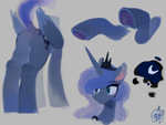 Size: 2048x1536 | Tagged: safe, artist:unclechai, princess luna, alicorn, pony, g4, both cutie marks, butt, cutie mark, dock, featureless crotch, female, frog (hoof), gray background, hooves, mare, moonbutt, plot, reference sheet, simple background, smiling, smiling at someone, solo, tail, underhoof