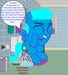 Size: 1500x1669 | Tagged: safe, artist:memeartboi, pegasus, pony, g4, 1000 hours in ms paint, bathroom, big, but why, colt, cracked, cracking, eyes closed, foal, giant pony, gritted teeth, grunt, grunting, gumball watterson, imminent flush, implied farting, implied pooping, indoors, macro, male, massive, onomatopoeia, pegasus wings, ponified, pushing, sitting, sitting on toilet, solo, sound effects, south park, speech bubble, spread wings, struggle, struggling, teeth, text, the amazing world of gumball, toilet, toilet humor, toilet paper, trash can, wings