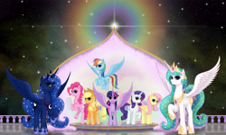 Size: 7500x4500 | Tagged: safe, artist:xodok, applejack, fluttershy, pinkie pie, princess celestia, princess luna, rainbow dash, rarity, twilight sparkle, alicorn, earth pony, pegasus, pony, unicorn, series:ponyashnost, g4, female, horn, looking at you, portal, siblings, sisters, smiling, smiling at you, stars, twilight sparkle (alicorn)