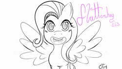 Size: 3840x2160 | Tagged: safe, artist:citroxero, fluttershy, pony, g4, lineart, monochrome, smiling, solo