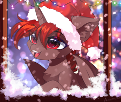 Size: 3594x3014 | Tagged: safe, artist:airiniblock, oc, oc:hardy, alicorn, pony, chest fluff, christmas, christmas lights, ear fluff, hat, holiday, horn, male, open mouth, santa hat, snow, solo, stallion, starry eyes, wingding eyes